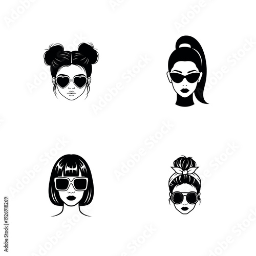 Girl with Sunglasses and Hairstyle Silhouette Vector Icon Set