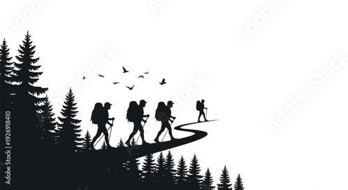 Group of hikers walking on a winding path through the forest.
