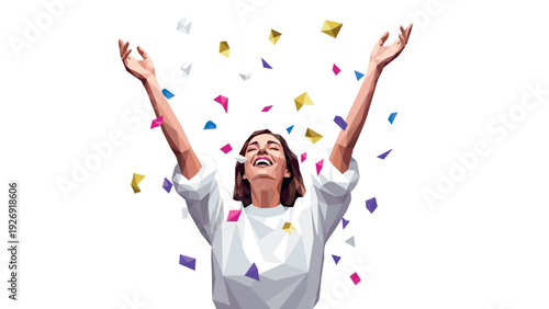 happy woman celebrating with colorful confetti polygonal low poly style illustration