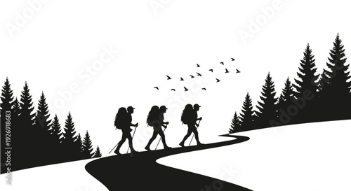 Three hikers with backpacks walking on a path through a forest.