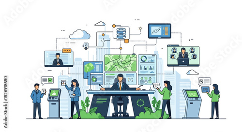 Centralized control room with multiple screens and personnel.