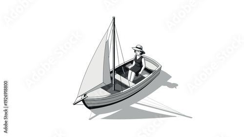 woman sitting on a sailboat in black and white hand drawn style sailing and leisure concept