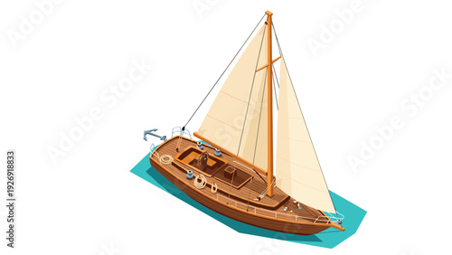 sailboat with wooden deck and beige sails isometric hand drawn illustration