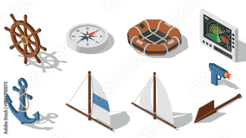 set of nautical and sailing items including ship wheel anchor compass sails radar and lifebuoy in isometric style
