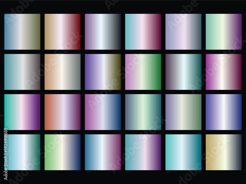 Extensive collection of rectangular gradient swatches featuring a wide spectrum of colors and subtle metallic finishes for diverse design needs