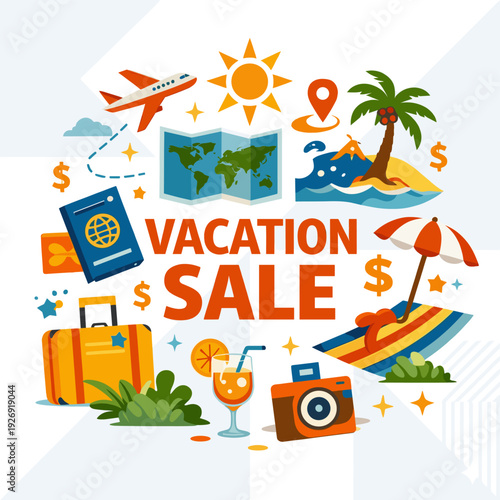 Vacation sale poster collage of travel icons, passport airplane beach sun and suitcase