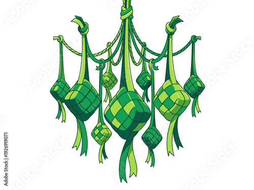 Hanging ketupat weave ornaments in green tones, festive Islamic decoration cluster set
