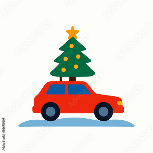 Red car carrying decorated Christmas tree on roof, simple festive transport icon style