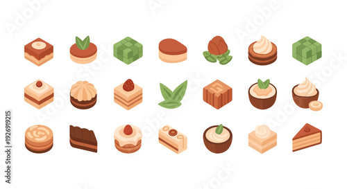 Isometric set of traditional snacks, sweet cakes and desserts icons on white background