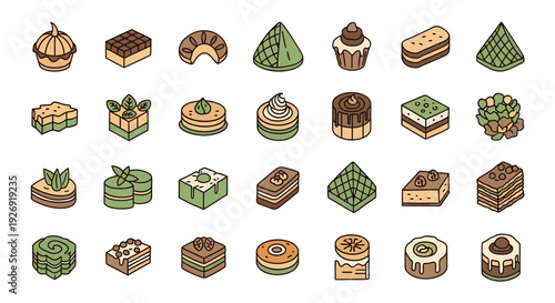 Set of Traditional Asian Cakes and Sweet Pastries Icons, Jajanan Pasar Flat Vector Illustration, Modern Dessert Collection with Pandan and Chocolate Flavors