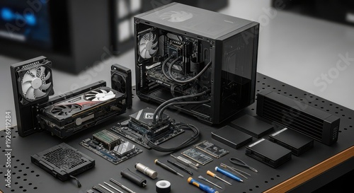 Desktop PC Computer Components and Parts on Black Table