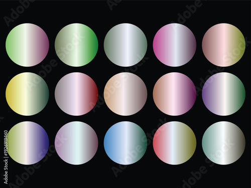 Holographic sphere collection with iridescent metallic textures and soft rainbow gradients in fifteen circular shapes for contemporary graphic design and digital media ornamentation