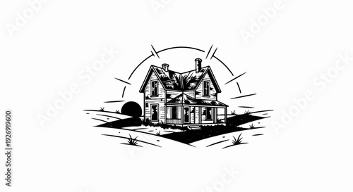 Stylized black and white illustration of a weathered house under a dramatic sky
