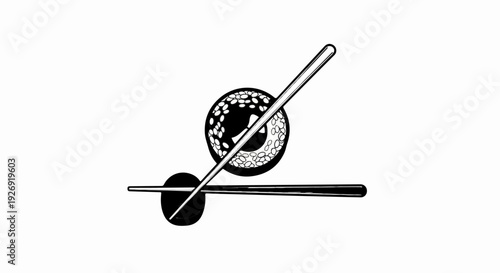 Stylized black and white illustration of sushi and chopsticks
