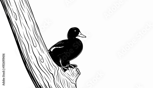 Stylized black duck perched on a textured wooden post, minimalist illustration