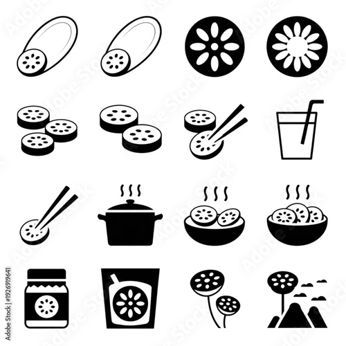 Lotus root icon set with sliced vegetable, cooking pot, soup bowl, juice and oriental food icons