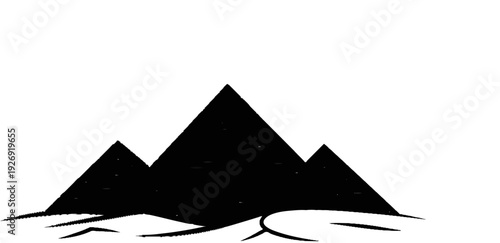 Stylized black silhouettes of three pyramid-like mountains rise from a sandy foreground