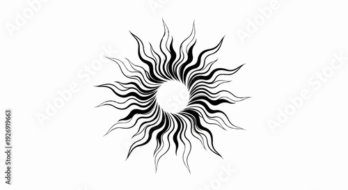 Stylized black sunburst with wavy, flame-like rays emanating outwards