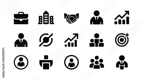 Business and corporate silhouette icons set black on white background various office and finance symbols