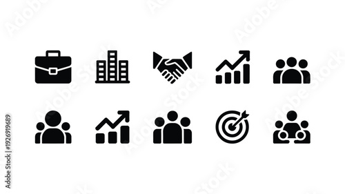 Business and corporate silhouette icons set including briefcase handshake graph people and target on white background