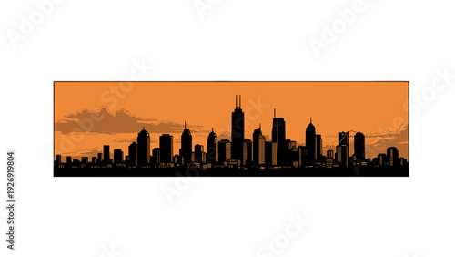 city skyline silhouette with orange sky background minimalist urban landscape illustration