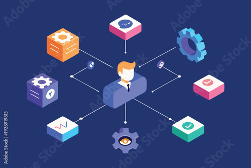 Business person manager connecting team members and workflow icons in business network