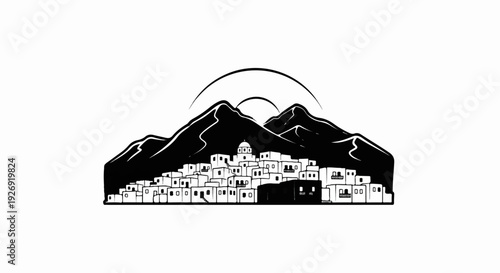 Stylized silhouette of a village nestled between mountains under a sun arc