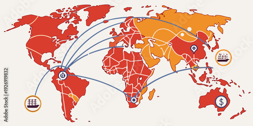 A world map uses red and orange coloring to show regional groupings linked by blue lines indicating international trade or shipping pathways.