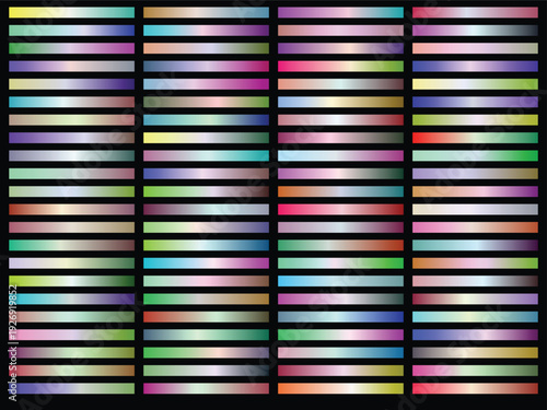 Huge collection of one hundred twenty five colorful gradients, smooth color transitions for backgrounds, banners, posters, web design, or ui elements, vibrant abstract palette, decorative art