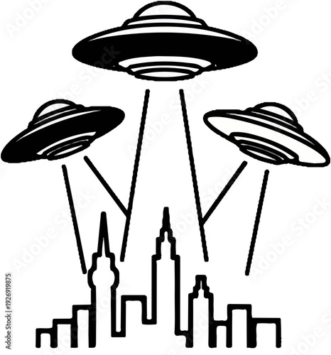 Three flying saucers over a city skyline with light beams
