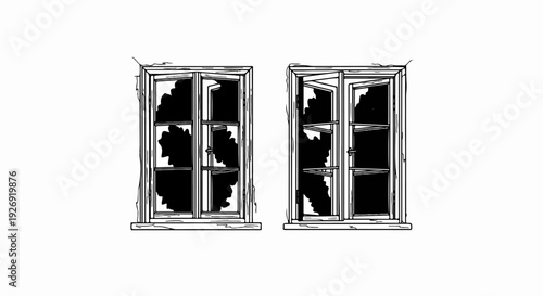 Two broken windows, one open, one closed