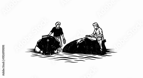 Two people in turbans bathe two elephants in water using brushes