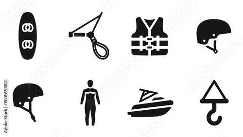collection of water sports equipment and accessories icons in black silhouette style