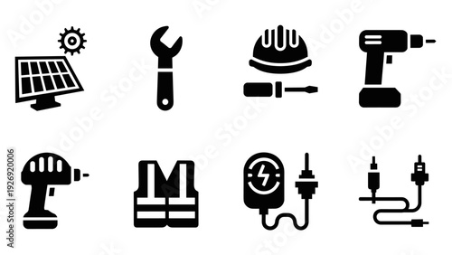 set of black solar panel tool and safety equipment icons in solid style