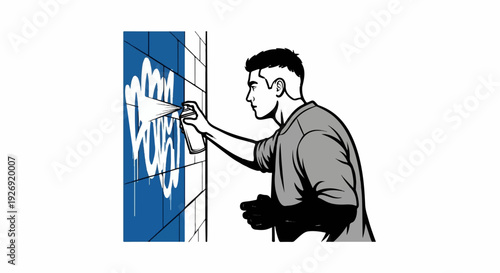 Young artist sprays graffiti on a tiled blue wall with white paint