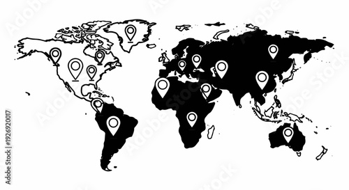 World map with location pins indicating global reach or destinations