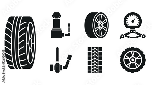 black silhouette set of car tires wheel rim tire pressure gauge and tire valve icons