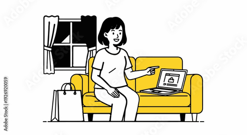 Woman sits on sofa, points to laptop displaying shopping bag icon