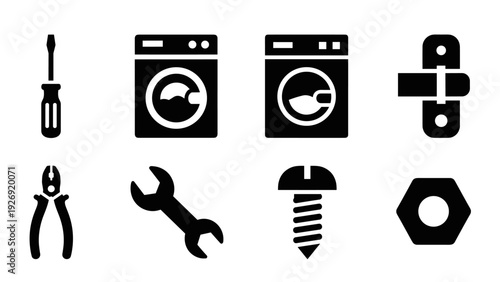 home maintenance and repair tools icon set in black silhouette style