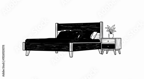 A black and white illustration of a bed with pillows next to a nightstand