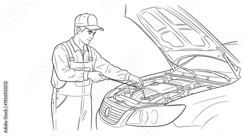 mechanic checking car engine oil dipstick hand drawn line art illustration