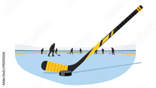 hockey stick and puck with players on ice rink hand drawn sport illustration