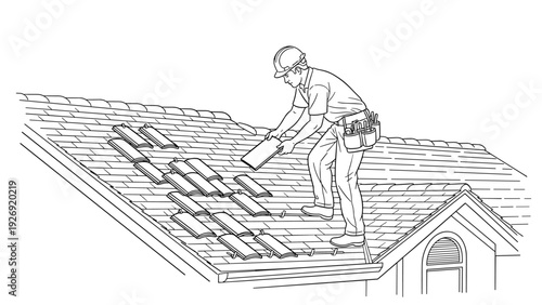 roofer installing tiles on roof hand drawn line art construction home repair illustration