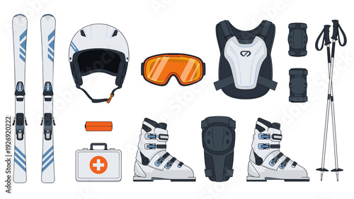 set of winter ski equipment gear hand drawn collection including skis helmet goggles boots poles protective pads and first aid kit
