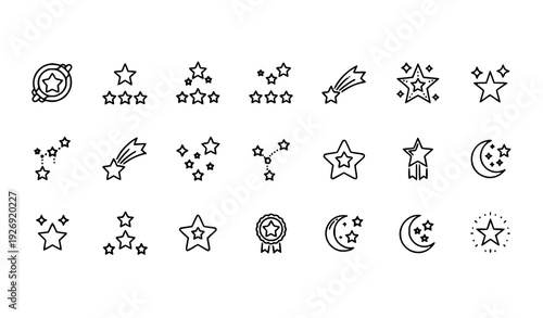 Star outline icon set with astronomy and rating symbols in editable linear vector style