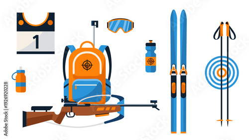 biathlon equipment set with skis rifle backpack goggles and poles flat style