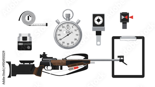 smallbore rifle with shooting range accessories stopwatch tape measure score card hand drawn illustration