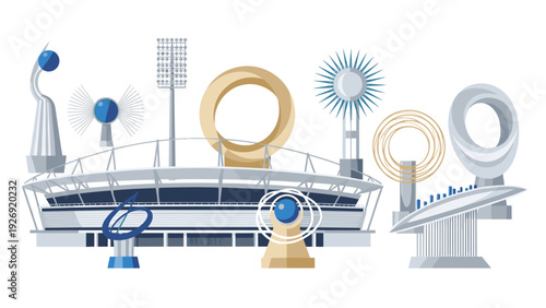 stadium with modern outdoor sculptures illustration in flat design sports architecture and art landmarks