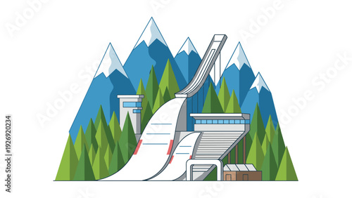ski jump hill with modern architecture in flat colorful vector style with mountain landscape background