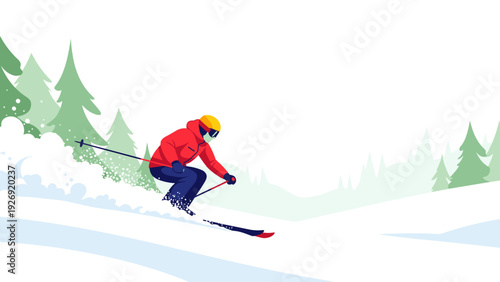 skier in red jacket and yellow helmet skiing downhill in a snowy winter landscape with pine trees minimalist flat illustration